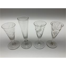 Group of late 18th century and later style drinking glasses, to include a number of wine glasses with funnel bowls, with etched and engraved fruiting vine decoration, an example with ovoid bowl and later diamond facet cut stem, etc, tallest H18cm