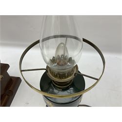 Table lamp and shade in the form of a vintage coffee grinder, together with a converted oil lamp, tallest example H94cm 