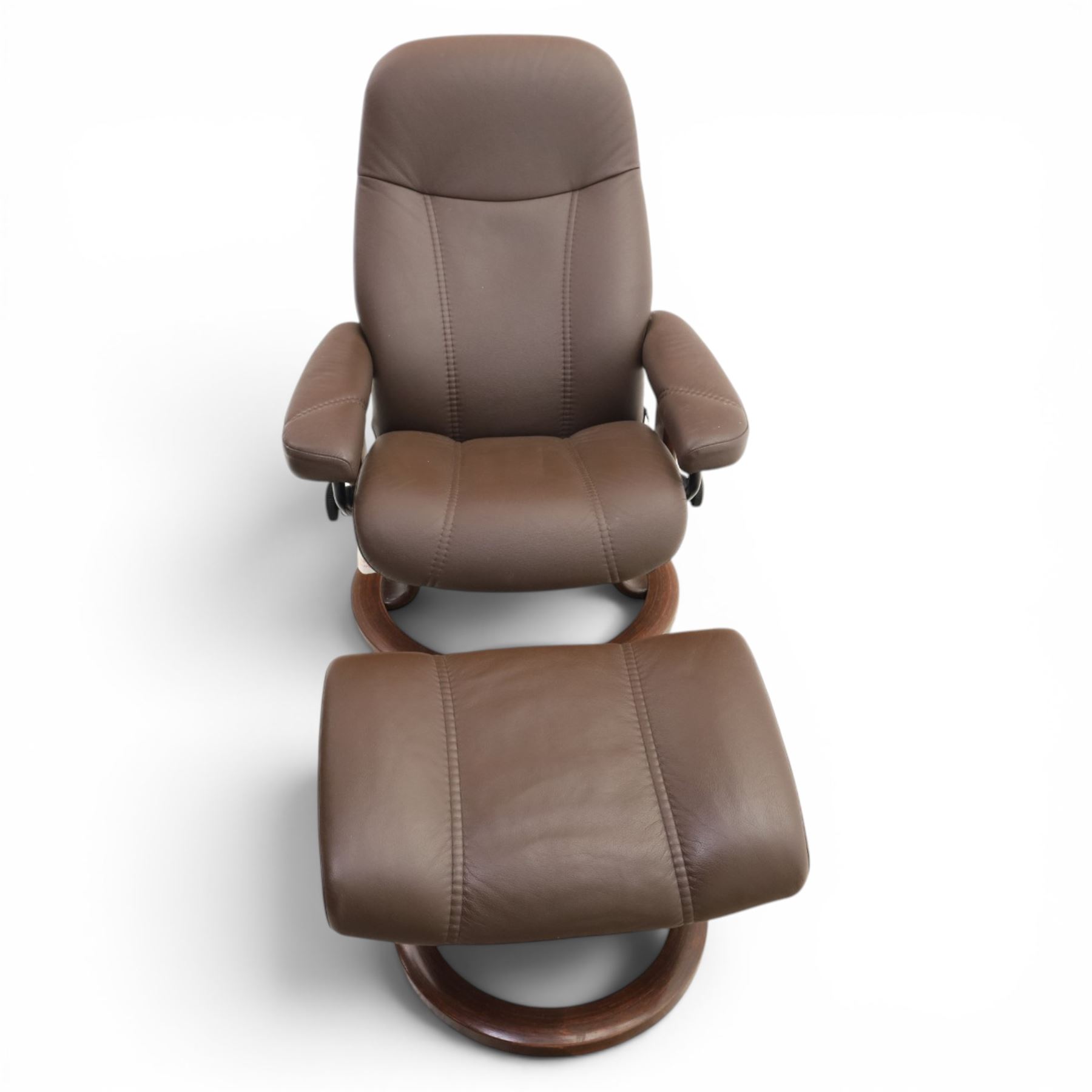 Ekornes - Stressless small brown leather recliner swiveling armchair and stool, brown leather recline with stitching, together with a matching stool, on a round base