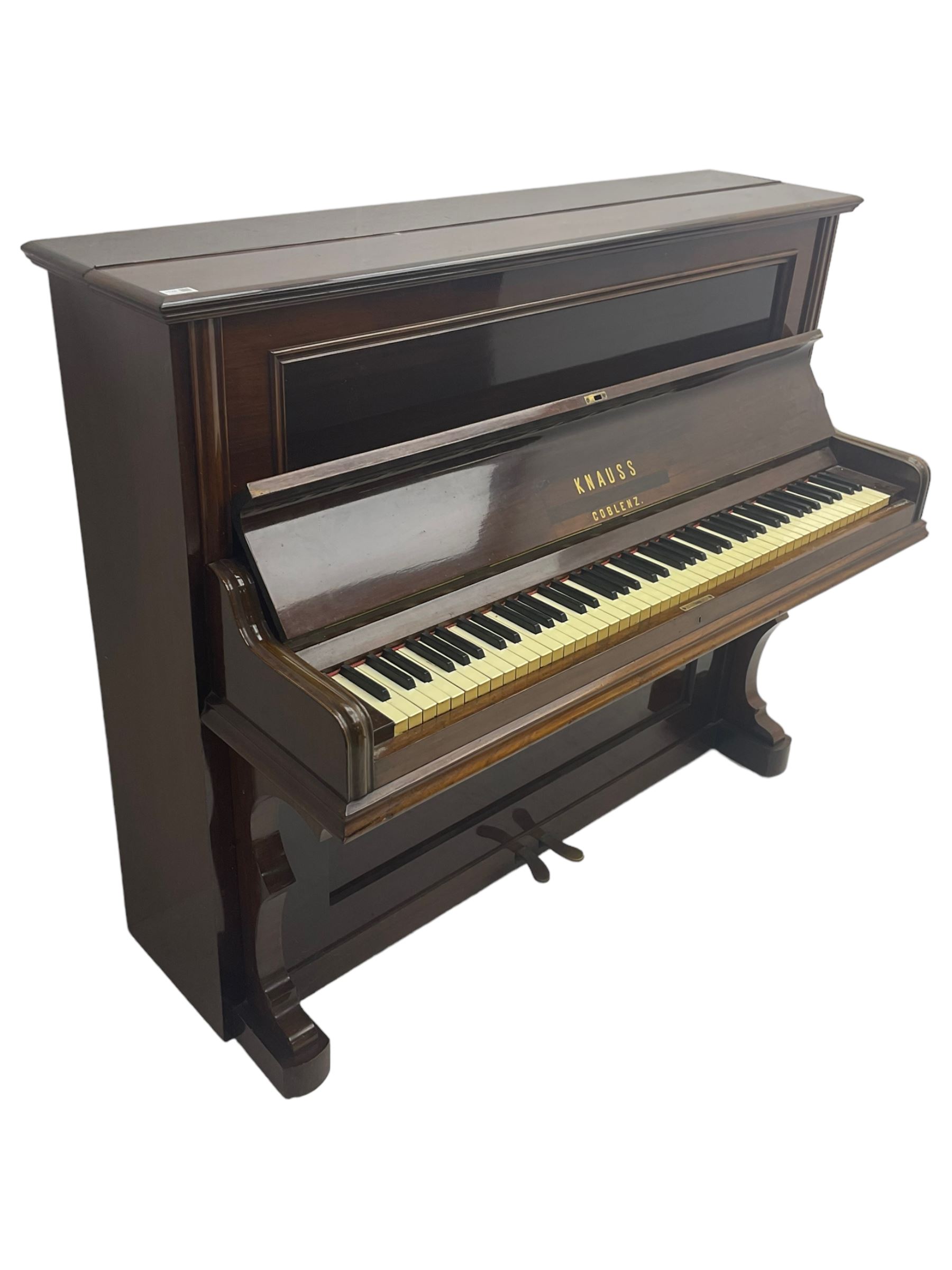 Knauss Coblenz - early 20th century rosewood cased upright piano, straight strung iron movement, simulated ivory keys