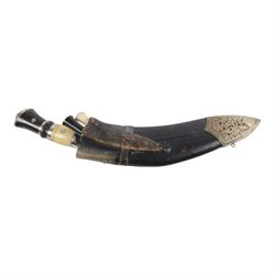 Pair of kukri knives, with with ebonised and bone handles, with two smaller knives, with a leather scabbard with floral silvered decoration, L44cm