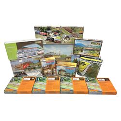 'N' gauge trackside accessories - seven Faller buildings and bridges etc Nos.N212113, N222121, N222583, N222174, N222128, Z282730 & Z282707; two others by Vollmer Nos.N7657 & N7724; four boxes of Gaugemaster Ballasted Underlay; grit and Foliage Clusters