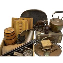 Quantity of metalware and treen to include copper kettles, jug, miniature bed pan, carved figures, first aid kit box etc in two boxes