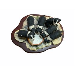 Border fine arts figures, Pick of the litter, model no JH30, by Ray Ayres L26cm, Tug of war, model no JH61, by D Walton H11.5cm and Robin with chicks in boot, model no RB45, by by Ray Ayres H11cm.  