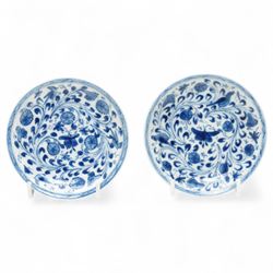 Set of six Chinese blue and white saucers, mostly Kangxi period, comprising matching pair decorated with insects and birds, example with painted lions and tigers, four bearing blue painted 'lingzhi' fungus mark to base, the others unmarked (6)