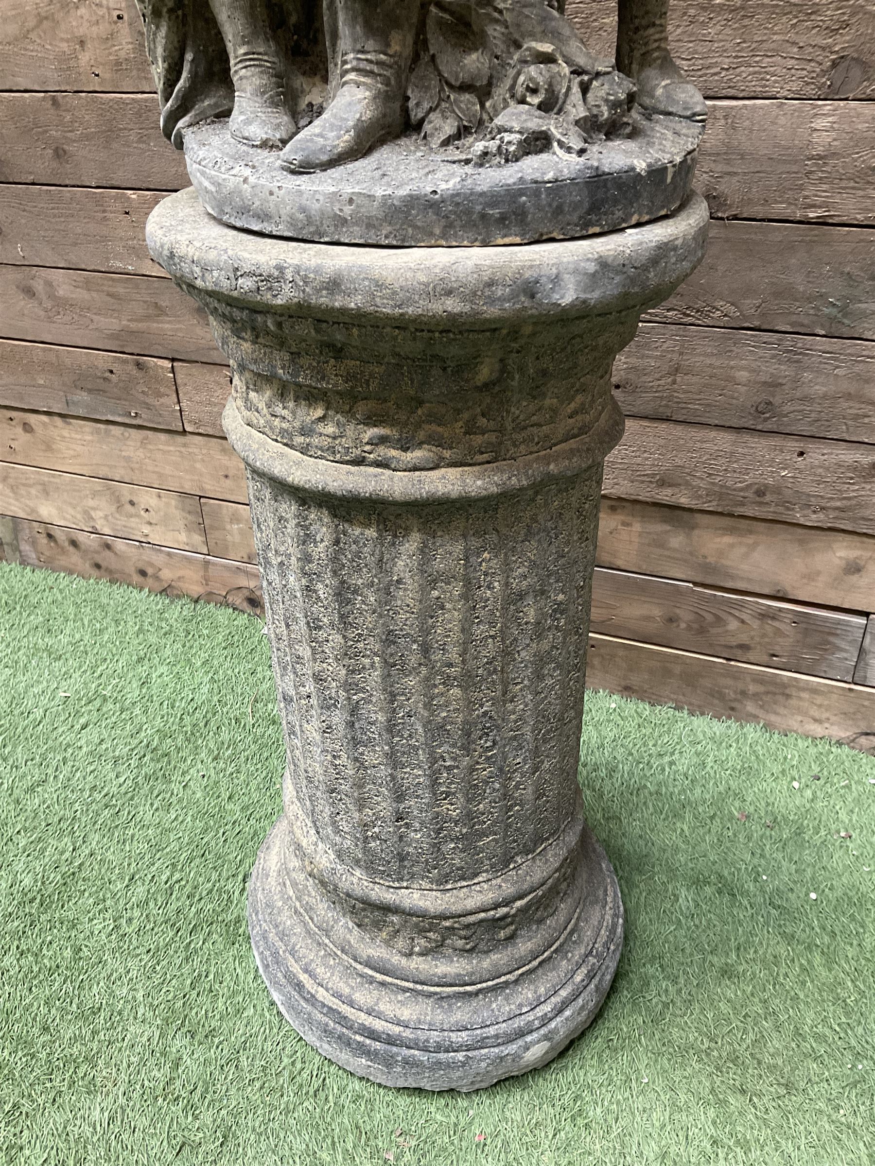 Romeo & Juliet - cast stone garden figure raised on circular fluted column - THIS LOT IS TO BE COLLECTED BY APPOINTMENT FROM DUGGLEBY STORAGE, GREAT HILL, EASTFIELD, SCARBOROUGH, YO11 3TX