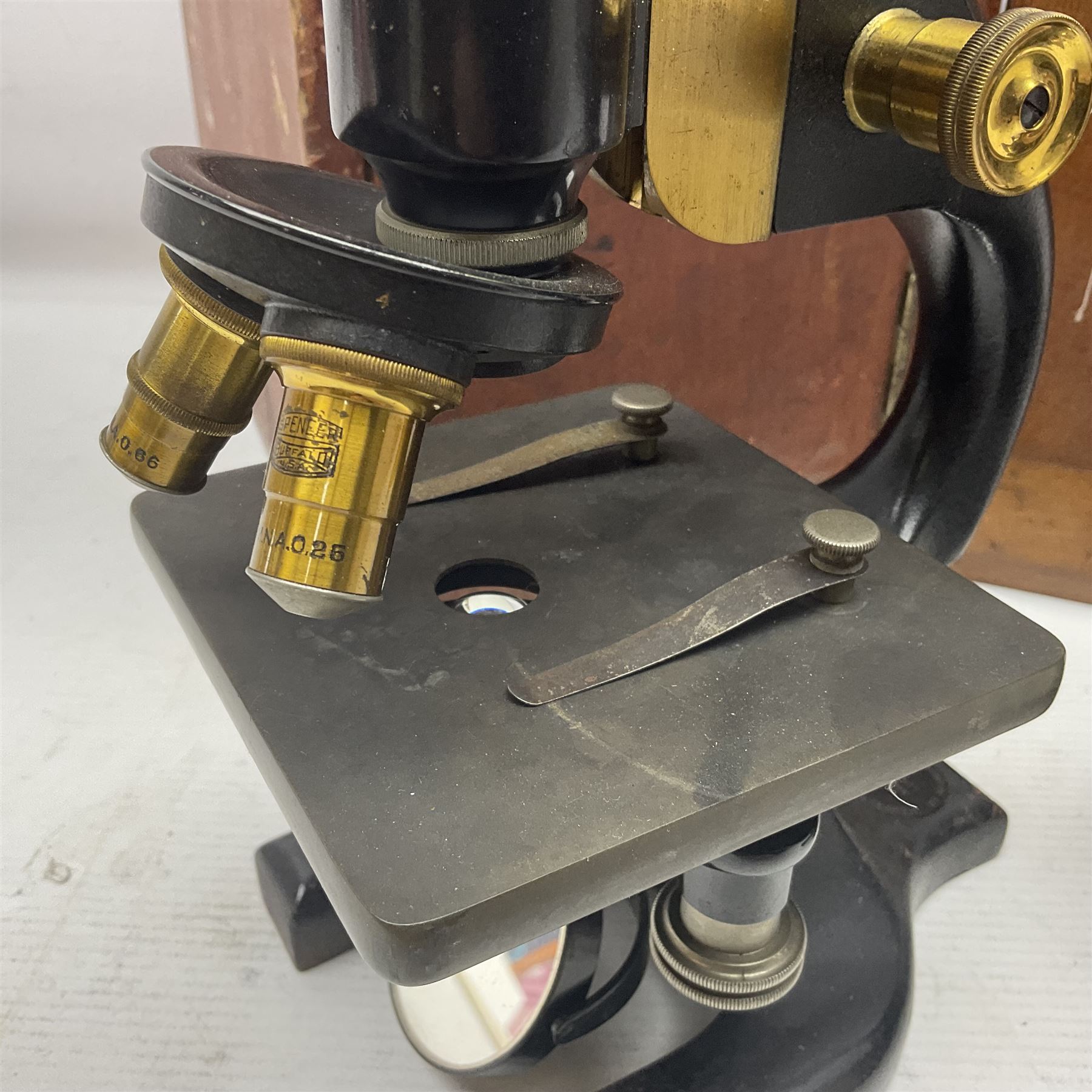 Three boxed microscopes, comprising Hawkslay & Sons Spencer Buffalo microscope no 68177, J Swift & Son microscope and R & J Back microscope no 30241