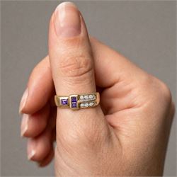 18ct gold purple sapphire and cubic zirconia dress ring, bezel set with three square cut sapphires and six cubic zirconia's, stamped 750