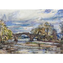 Rowland Henry Hill (Staithes Group 1873-1952): River Landscape with Angler and Bridge, watercolour and gouache signed and dated 1922, 26cm x 36cm