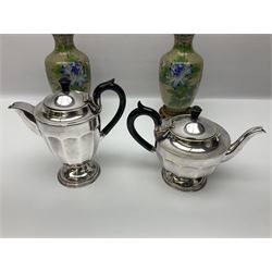 Pair of Chinese cloisonne vases on hardwood stands; silver plated egg cruet; and plated four piece tea set