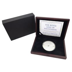 Queen Elizabeth II Cook Islands 2013 'The Royal Line of Succession' silver twenty-five dollars coin, 155.53 grams of sterling silver, cased with certificate