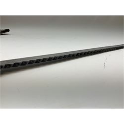 Swiss Schmidt-Rubin M1914 pioneer bayonet, with 48cm steel saw-back blade, the ricasso stamped, ''Waffenfabrik, Neuhausen'', the crosspiece stamped Swiss cross, steel scabbard, leather frog L64cm overall