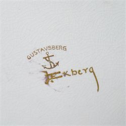 Josef Ekberg (Swedish 1877-1945) for Gustavsberg comport, c1930s, decorated in gilt with tree detail on a green lustre ground, gilt signature to base, D31cm
