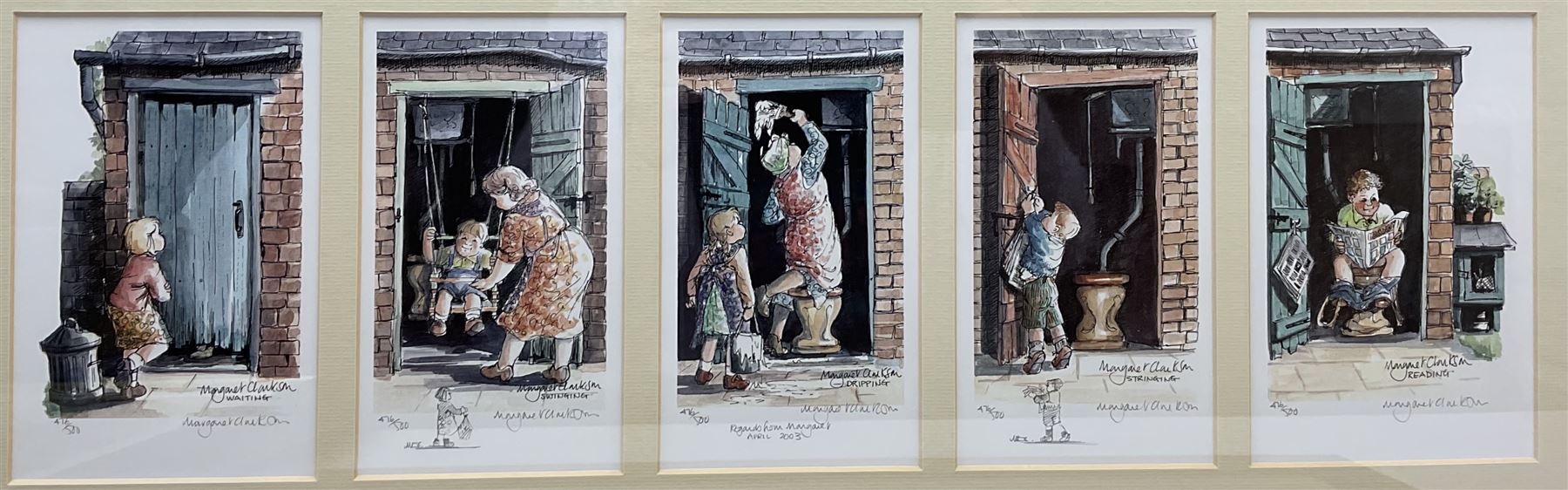 After Margaret Clarkson (British 1941-): 'Wash With Mother' 'Porridge Again' and 'Shoe Shine Boy', three limited edition colour prints signed and numbered together with two more framed prints after the artist each comprising of five limited edition signed colour prints max 28cm x 38cm (5)