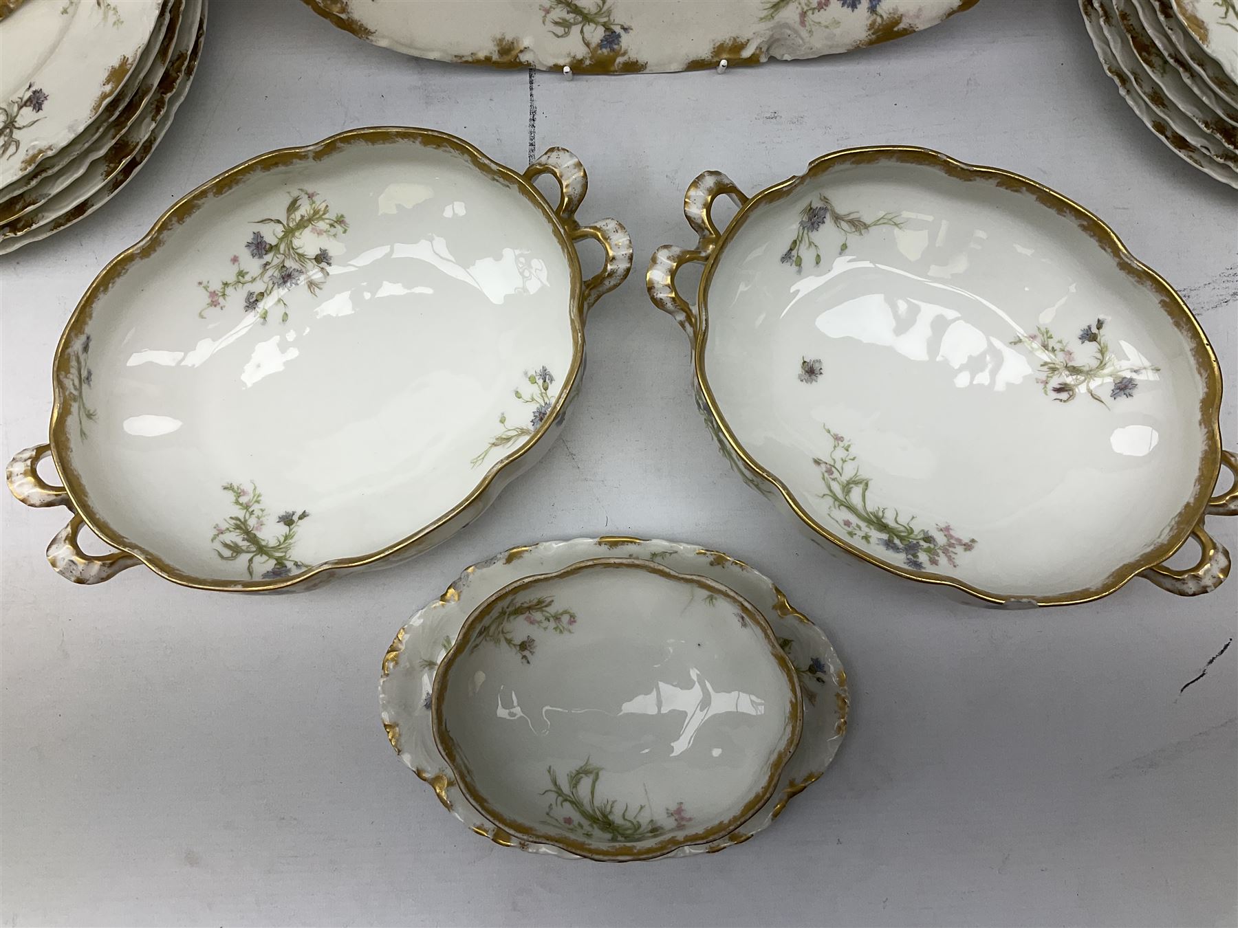 French Haviland Limoges part dinner service, decorated with floral sprays and gilding, to include two lidded tureens, thirteen plates, oval serving platter, etc, all stamped H & Co Made in France for James Green & Nephew (17) 
