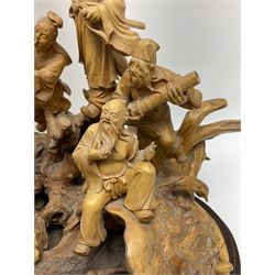 Large Chinese wood carving, depicting the eight immortals crossing the sea, H46cm, L78cm 