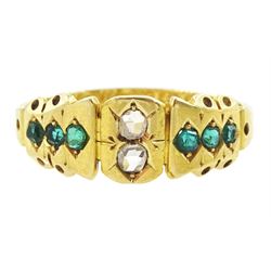 Victorian 15ct gold two stone diamond and six stone green paste stone set ring, Birmingham 1883