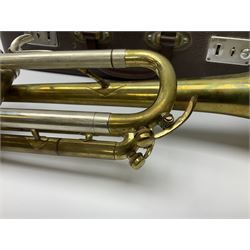 Brass trumpet, engraved B&M Champion to body, L49cm, in fitted velvet lined carrying case, with mouth-piece