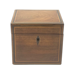 A George III mahogany cube tea caddy, with strung detail, the hinged cover open to reveal a twin compartmented interior, L13 H11.5cm. 