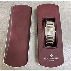Patek Philippe Twenty~4 ladies stainless steel quartz wristwatch, sunburst grey dial with Roman numeral and diamond dot hour markers and diamond set case, on original bracelet, with fold-over clasp boxed