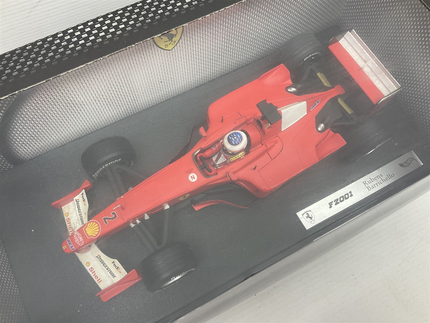 Five Mattel Hot Wheels 1:18 scale die-cast racing cars - Ferrari F1-2000 Michael Schumacher; Ferrari F-2002 Michael Schumacher; Jordan E-110 Heinz-Harald Frentzen; Williams F1 Team FW23Juan Pablo Montoya; and Ferrari F2001 Rubens Barrichello; all boxed (5)