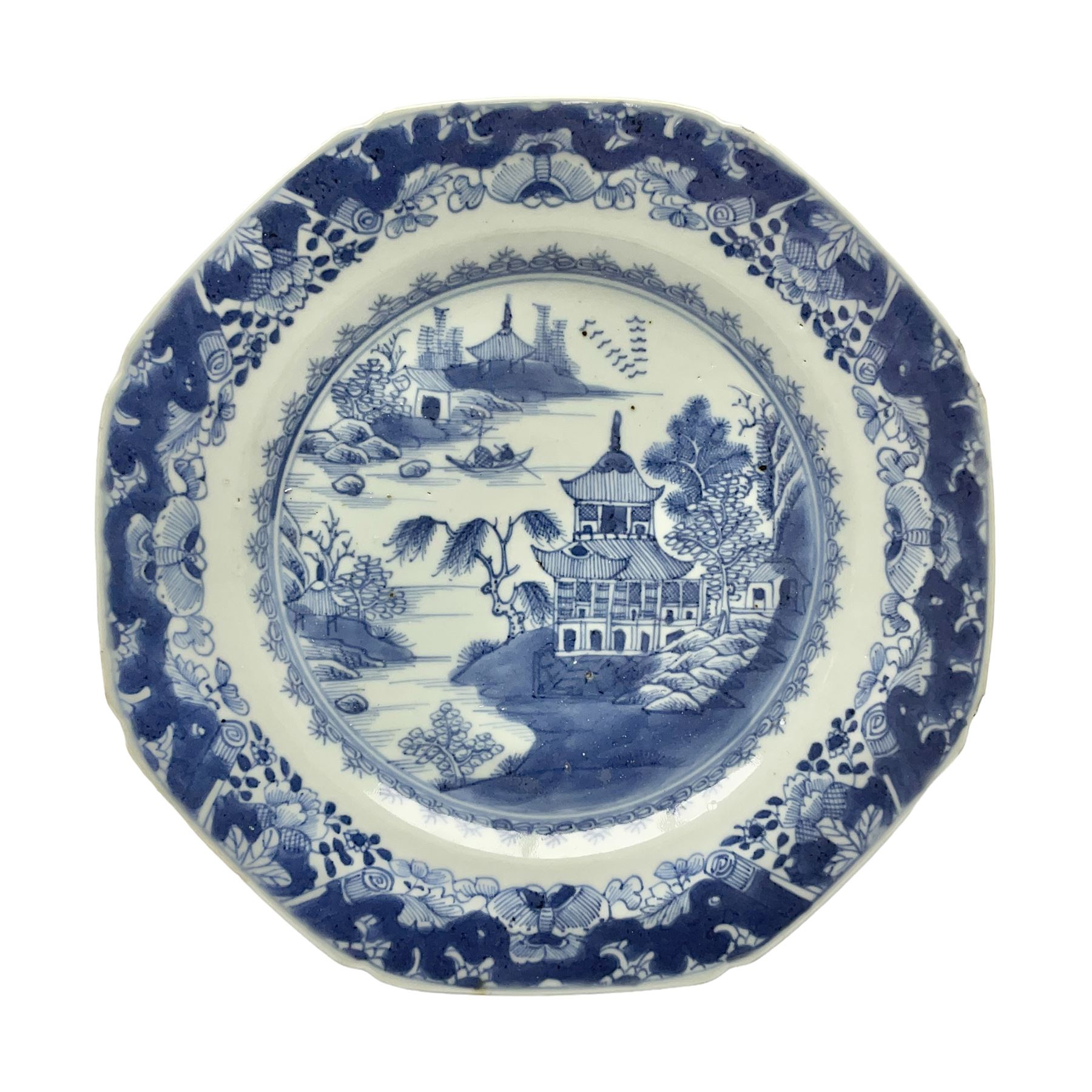 18th century Chinese export blue and white plate of octagonal form, with a pagoda landscape, D23cm