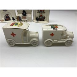 Ten WW1 crested china military models comprising seven field ambulances and three 'Home Fires Burning' fire-surrounds/range; various makers including Willow Art, Arcadian China, Grafton China, Savoy China, Carlton China etc; various crests including Devon, Aldershot, Portsmouth, West Ham, Coventry, Oxford, Hastings, Brighton etc (10)
