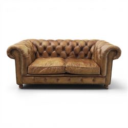 HALO - Chesterfield style two seat sofa upholstered in buttoned brown leather with stud wo...