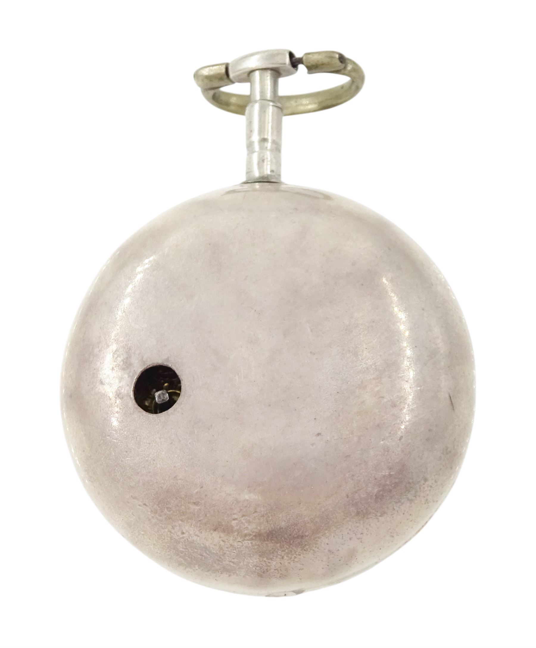 George III silver pair cased mock pendulum verge fusee pocket watch by William Crayton, London, No. 7391, the balance cock embossed with cherub decoration, white enamel dial with Arabic numerals and bull's eye glass, case by Thomas Sones, London 1761