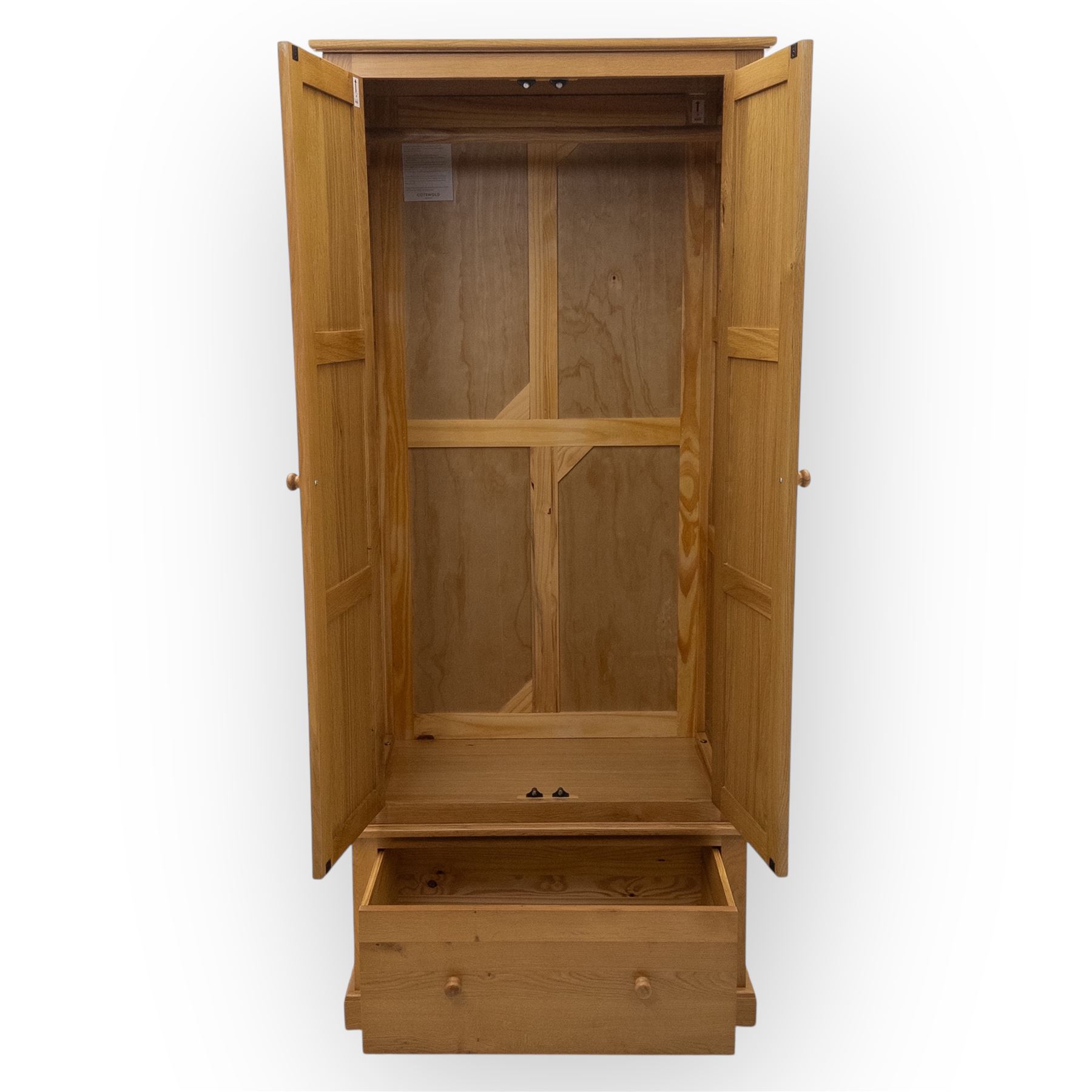 Cotswold & Co - contemporary light oak double wardrobe, plain rectangular form with twin panelled doors enclosing hanging interior, single full-width drawer below fitted with wooden knobs, on moulded plinth base