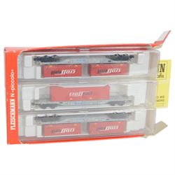 Fleischmann 'N' gauge rolling stock, comprising 8599 90 Ton Breakdown Crane, 825201 Cross Rail 3 Wagon Set, 837301 SBB Cargo 3 Sliding Wall Wagon Set, 8252K Cargo Domino wagons and 868250K DHL wagons, all boxed