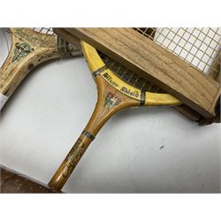 Quantity of early 20th century and later tennis rackets, to include Artus Majesty, Dunlop Alpha, Atlas Silver Shield and Raleigh Konni, together with a stitched rugby ball