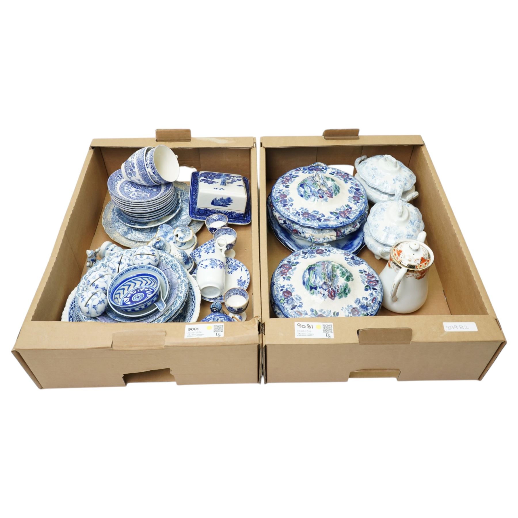 Collection of blue and white ceramics including pair of Asiatic Pheasant sauce tureens with covers and one ladle, four Royal Copenhagen place card holders and other items