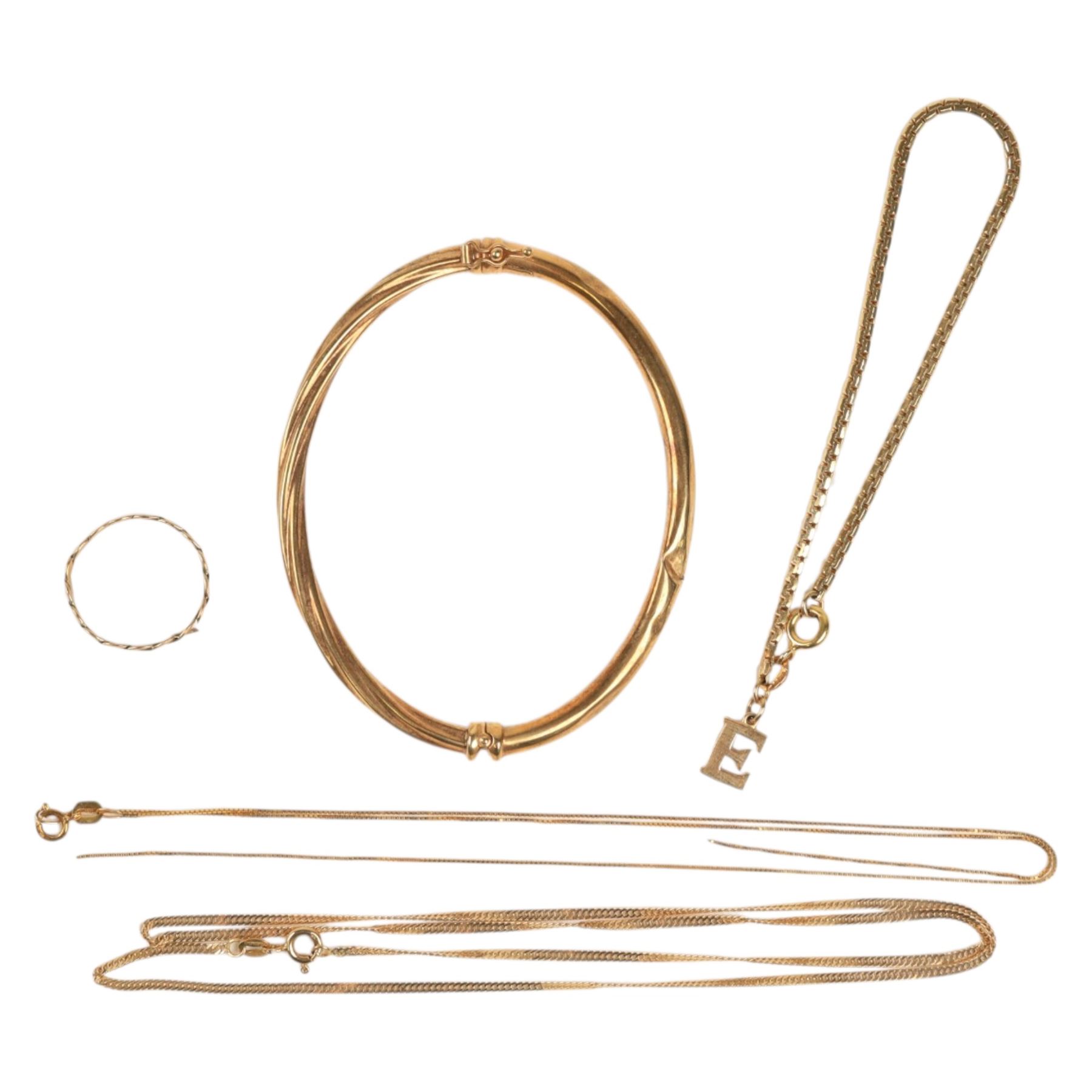 9ct jewellery including bangle, initial bracelet, chains and ring, all stamped or hallmarked 