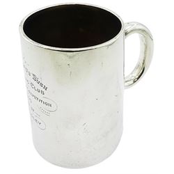 Victorian silver mug, of tapering cylindrical form with loop handle, the body with engraved personal dedication and inset glass base, hallmarked Daniel & Charles Houle, London 1868, H11cm, approximate gross weight 10.44 ozt (325 grams)
