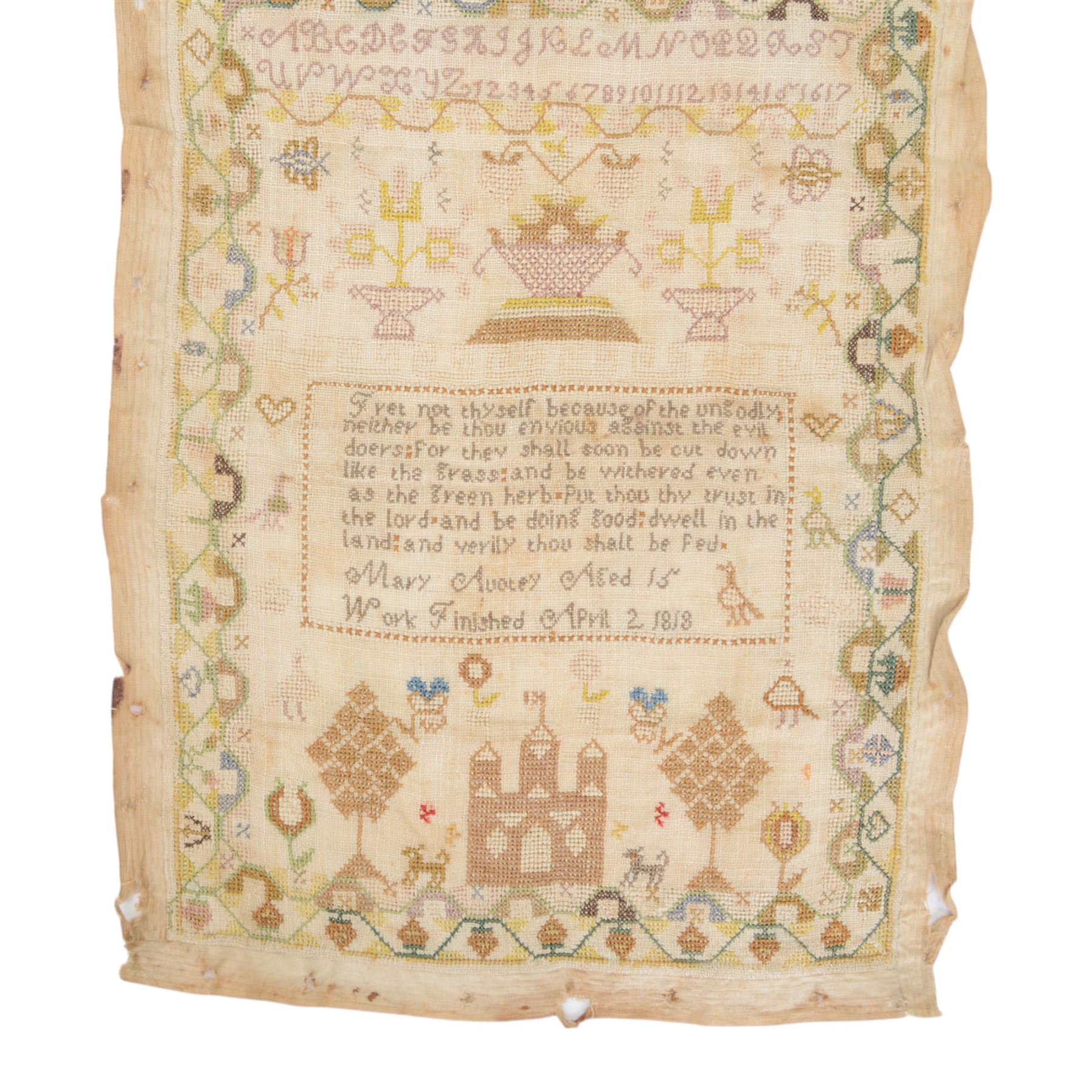 Early 19th century sampler worked by Mary Audley aged 15 years dated 1818, depicting alphabet and numbers above a religious passage, bordered by animals, buildings and insects, unframed, H45cm