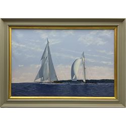 James Miller (British 1962-): Big Class Yachts 'Downwind towards the mark Tuiga and Mariquita - The Westward Cup 2010', oil on canvas signed, titled verso 49cm x 74cm 