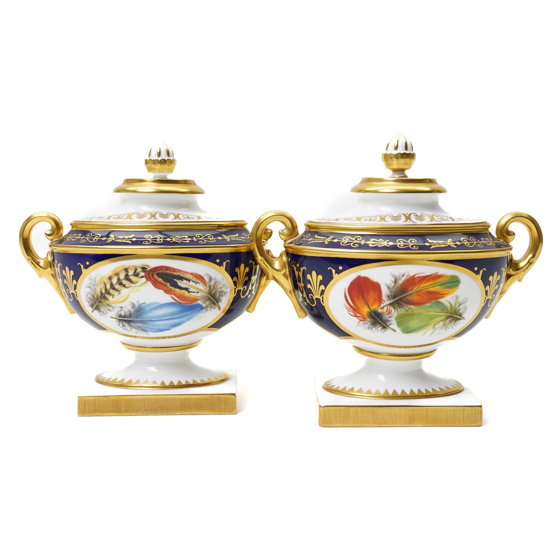 Pair of Royal Worcester Heritage Collection two handled urns and covers painted with opposing oval panels of feathers by David Peplow on pedestal bases W16cm 