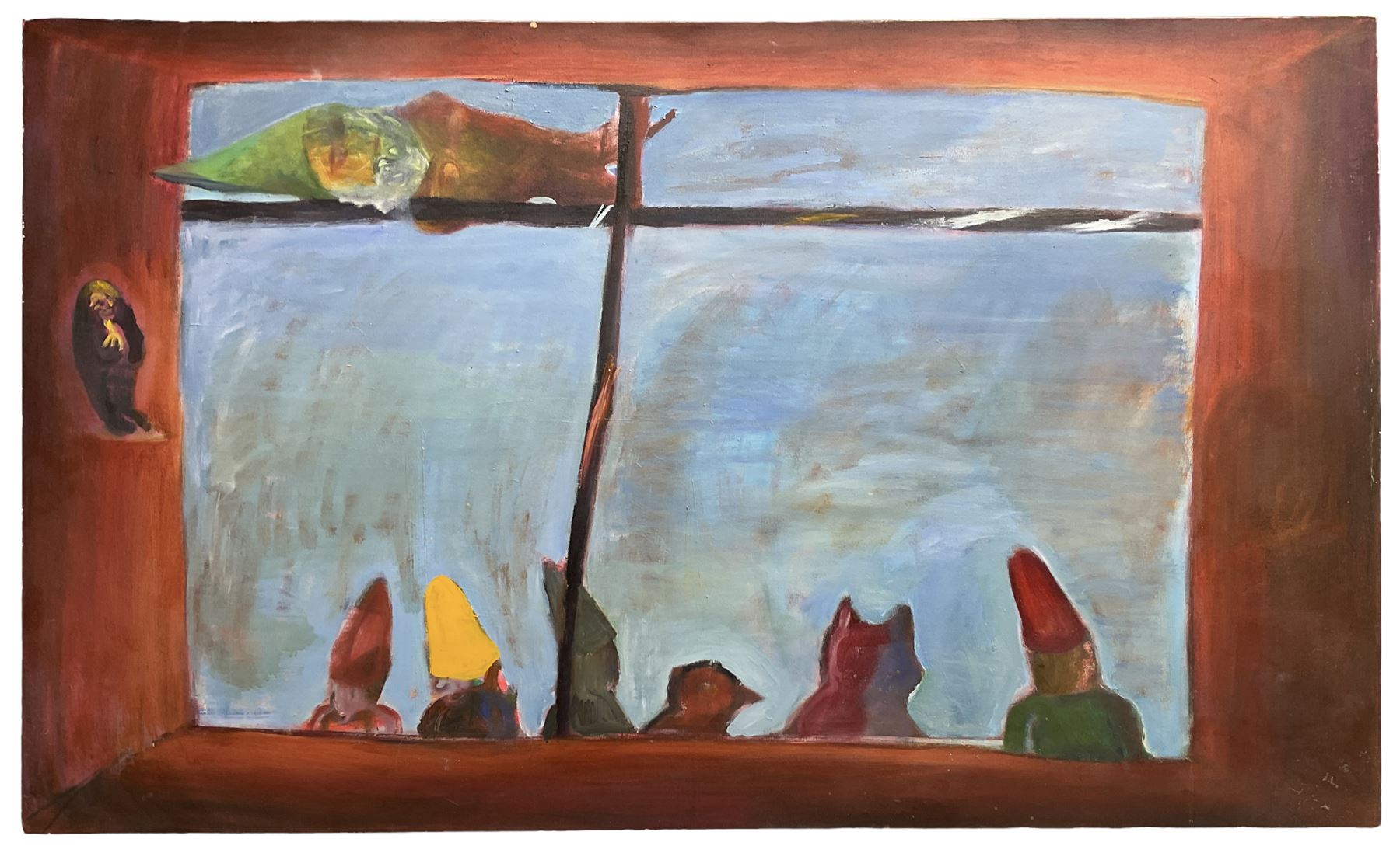 Thomasin Toohie (British Contemporary): Garden Gnomes Through the Window, oil on canvas signed and dated 2002 verso 91cm x 152cm (unframed)