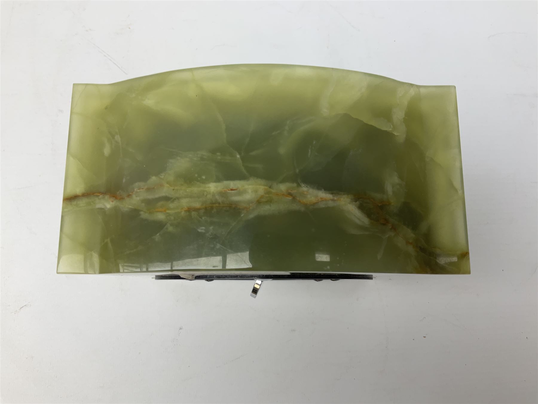 Elliott London green marble mantel clock, the gilt dial with silvered chapter ring, H16cm, together with a glass dish