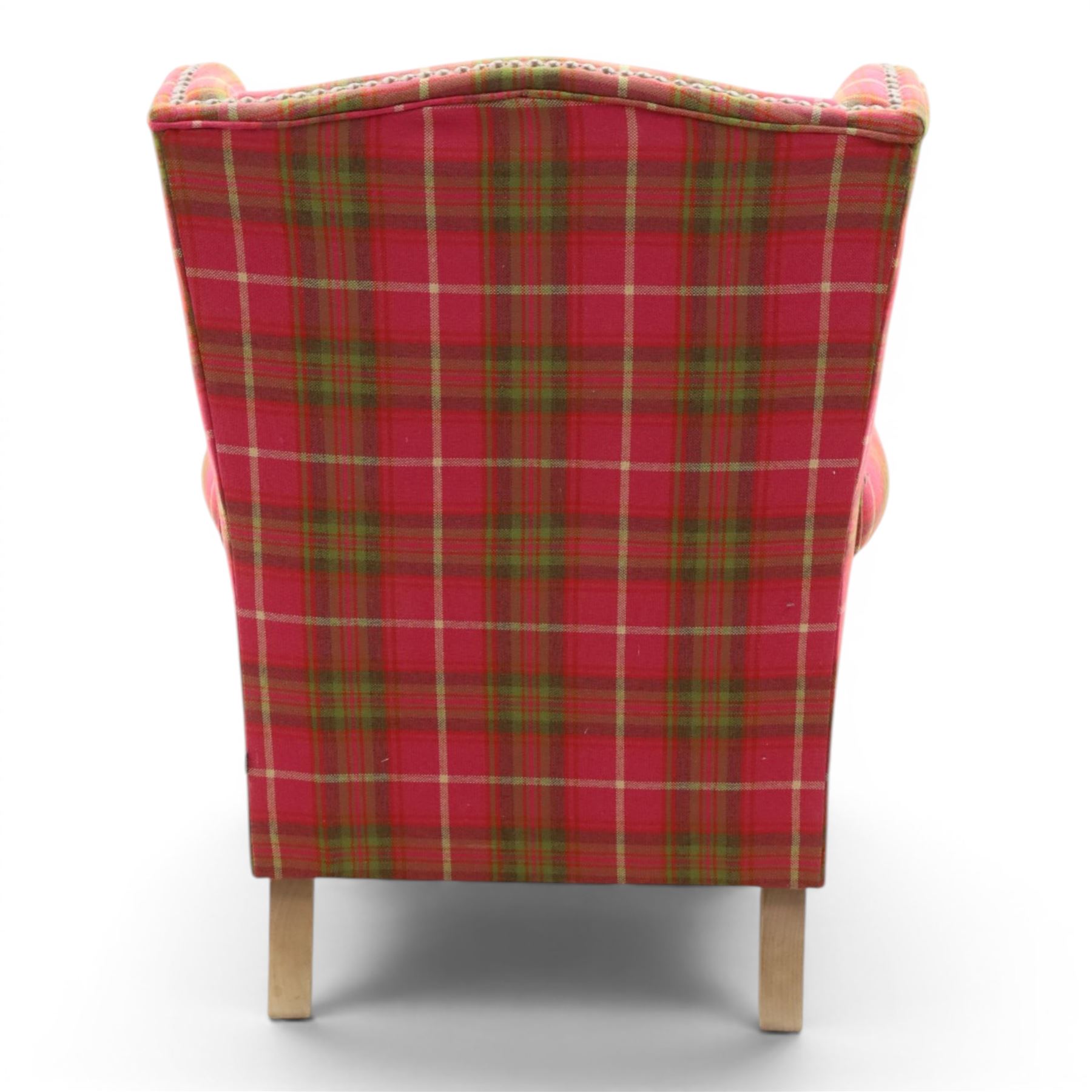 Next Home - Contemporary tartan wingback, studded wings above scrolled arms, light stained turned feet