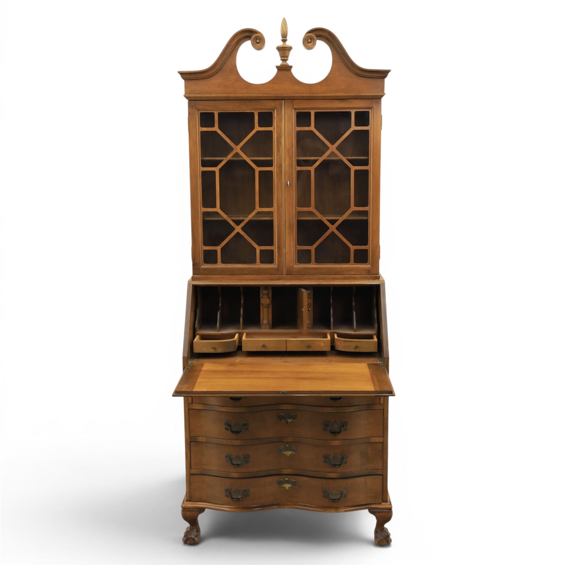 Maddox of Jamestown New York - Georgian design mahogany bureau bookcase, broken arch pediment with central finial, astragal glazed bookcase, above a fall front writing slope with fitted interior, four serpentine drawers, raised on claw on ball feet 