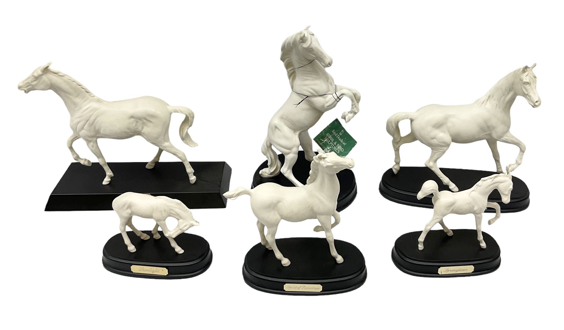 Six Royal Doulton horse figures in a matt finish on plinths, to include Spirit of the wind, Spirit of the wild, Springtime etc