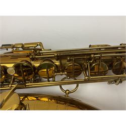 Mid-20th century French Henri Selmer Mark VI tenor saxophone, serial no.M.70644 for 1957, various French, English and American patent numbers, crudely stamped J.A.Brown twice to thumb rest; in fitted hard case with crook and other accessories including two Berg Larsen mouthpieces, reed cutter etc