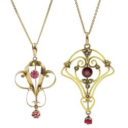 Edwardian gold garnet pendant and seed pearl pendant, on gilt a chain and a pink stone set pendant, on later 9ct gold chain hallmarked, both pendants stamped 9ct