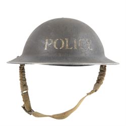 WWII MkII Police Brodie, the blue brodie with white stencil lettering to the front, with l...