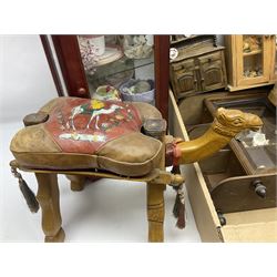 Wooden stool, modelled as a camel, with patchwork leather seat, together with another wooden stool with fabric seat, miniature wooden dresser, etc 