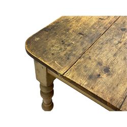 Victorian pine farmhouse dining table, rectangular plank top with rounded corners, on turned supports 