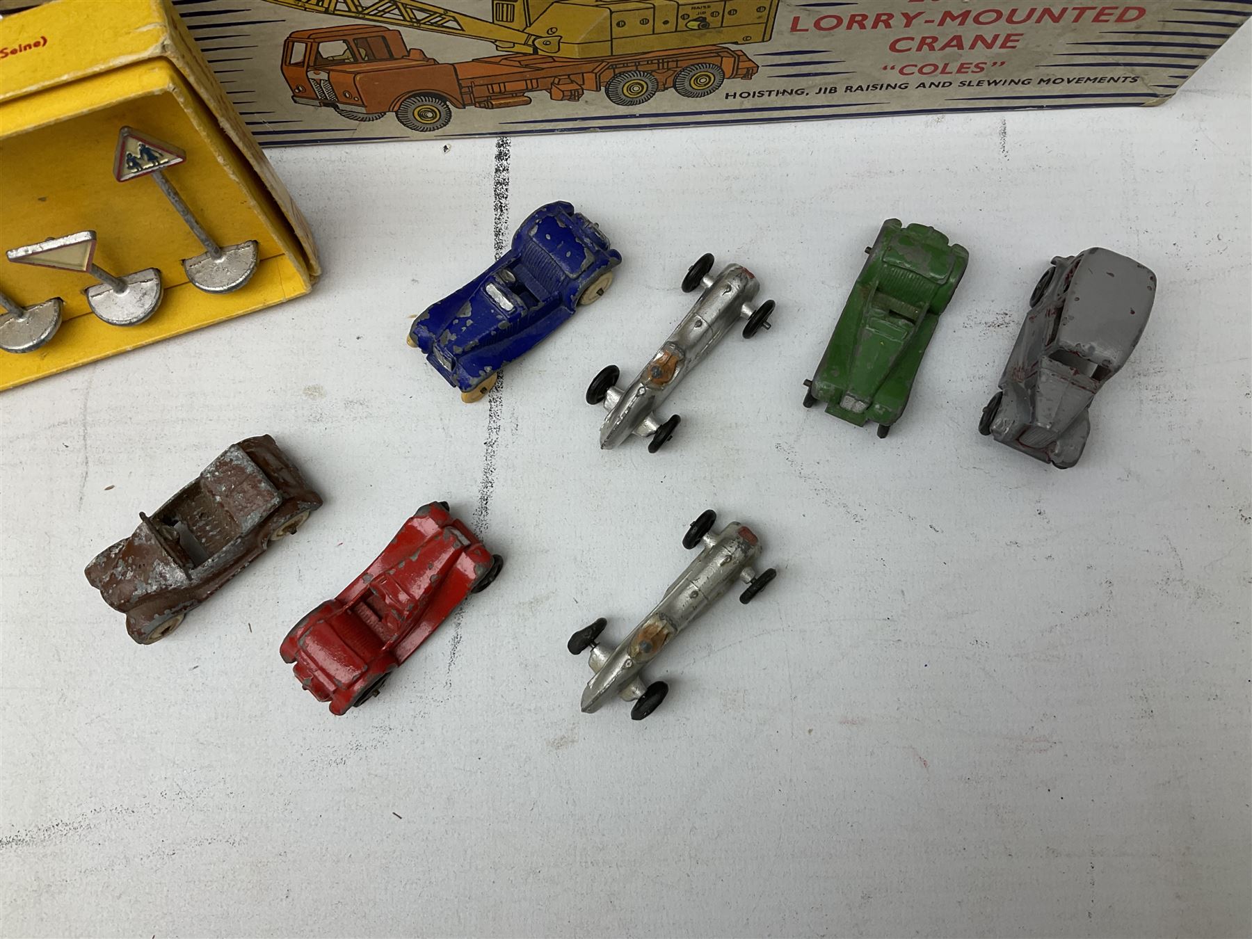 Dinky - Supertoys 20-Ton Lorry mounted Crane 'Coles' No.972; boxed; French made Miniature Road Sign Set No.41; boxed; and seven unboxed small die-cast models (9)
