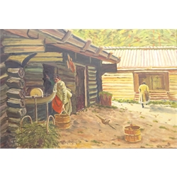  Figures Outside Log Houses, 20th century oil on canvas signed and dated 1938 by Muritz Finström (1894-1955), Rural Landscapes, watercolour and pastel signed and Flowers in a Vase, woodblock print indistinctly signed max 46cm x 68cm (4)   